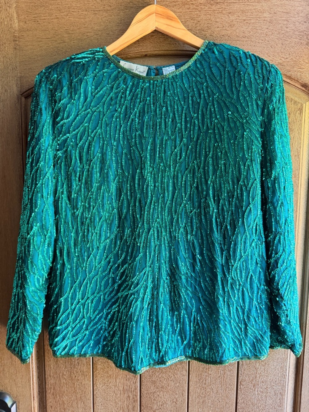 Laurence Kazar Emerald Green Beaded Long-Sleeve Top